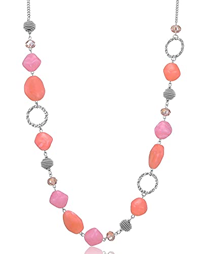 BULINLIN Beaded Long Necklace for Women Silver Sweater Chain Necklace with Crystal Resin Beads, Fashion Jewelry Necklace - color: 53-Dark light pink