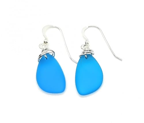 Popular Recycled Sea Glass Earrings on Sterling Silver Hooks - color: Vivid Aqua 2