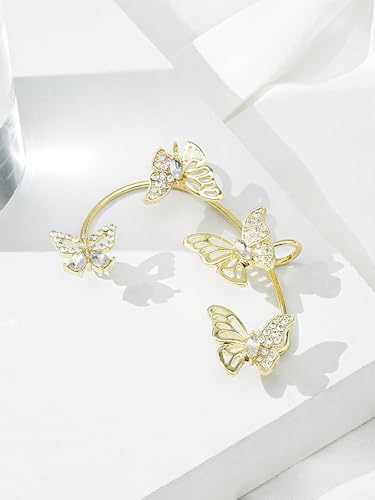2Pcs Rhinestone Butterfly Earrings Ear Cuffs Non-Pierced Fake Earrings Butterfly Climber Wrap Around Earring Dainty Adjustable Ear Clip Jewelry for Women - color: Style7-gold