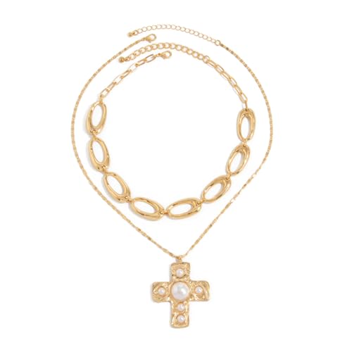 Chunky Necklace Stack Big Statement Necklace for Women Layered Large Oval Circle Cross Necklaces Stackable Boho Necklaces for Women Chunky Jewelry - style: B - cross