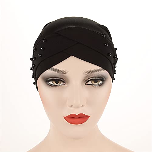Women Beaded Silky Beanie, Pre-Tied Turban Head Wrap Cap for Chemo Chemical Cancer Hair Loss Cover Hat - color: Black