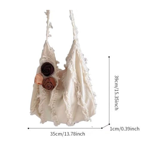 Boho Shoulder Bag for Women, Vintage Floral Tote Purse with Rosette Ribbon Detail and Inner Zipper Pocket