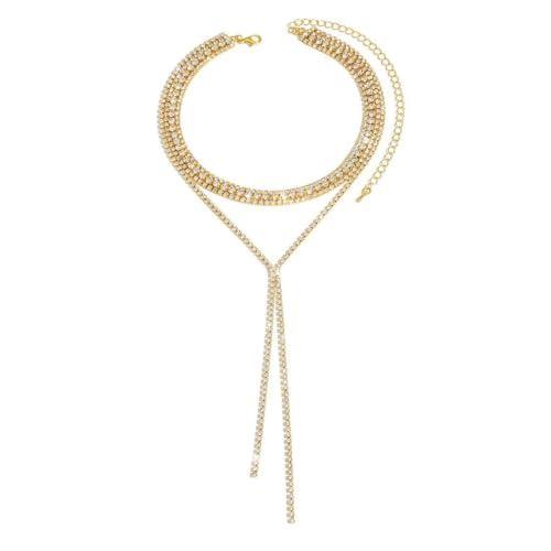 Statement Layered Sparkly Crystal Choker Black Long Tassel Y Necklace for Women, Dainty Multilayer Silver Bling Rhinestone Necklaces Prom Jewelry Gift - color: Gold