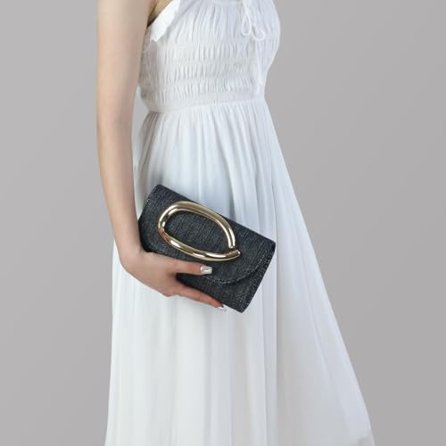 Straw Clutch Purses for Women,Summer Beach Bag,Woven Evening Handbags with Chain,Trendy Metal Handle Purses 2026 - color: Black
