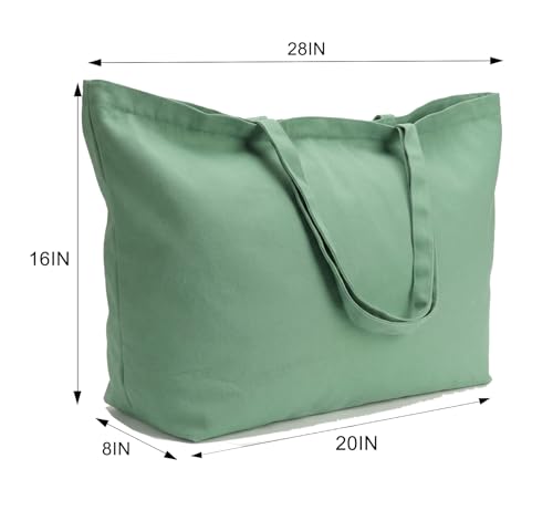 Large Canvas Tote Bag-Extra Big Shopping Beach Totes Bags Reusable Largest Grocery Plain Solid Bag 28"x8"x16" - color: Mint Green With Zipper