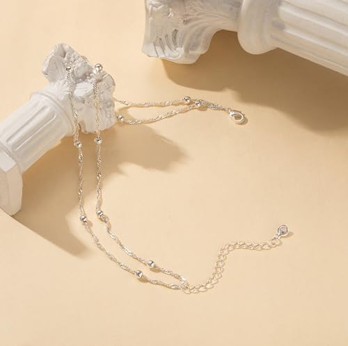 Freekiss Sterling Silver Ankle Bracelets for Women: Dainty Layered Waterproof Anklet for Women Adjustable Womens Anklet Set Stackable Figaro Beaded Cuban Link Anklets Beach Jewelry for Women - color: Single Lobster Layered Bead-SL