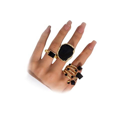 Chunky Gold and Black Two-tone Enamel Drip Band Rings Set for Women, Vintage Statement Large Crystal CZ Ring Big Party Prom Jewelry Gift Accessories - color: Black -Gold