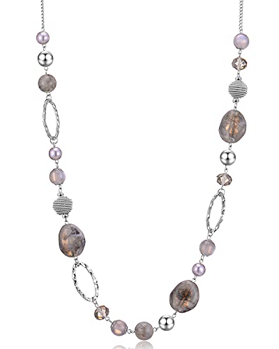 BULINLIN Beaded Long Necklace for Women Silver Sweater Chain Necklace with Crystal Resin Beads, Fashion Jewelry Necklace - color: Grey