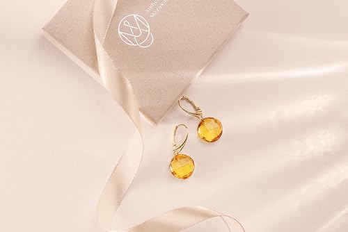 Leverback Dangle Earrings for Women – Gold-Plated 925 Silver Drop Earrings with Natural Yellow Baltic Amber Piece, Lightweight Jewelry with Secure Closure for Everyday Elegance - color: Faceted Cushion