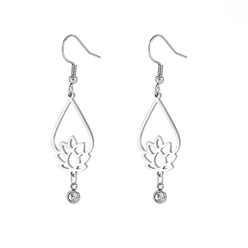 TEAMER Stainless Steel Lotus Flower Dangle Earrings Bohemian Drop Earring Unique Geometric Jewelry for Women - color: Lotus 6-Steel Color