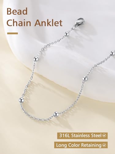 FindChic Stainless Steel Ankle Bracelets for Women, Waterproof Figaro/Cuban/Box/Beaded Chain Anklets, Summer Beach Foot Jewelry, 8.5''-10.5'' Adjustable Length, with Gift Box - style: Ideal Beaded Chain-Silver