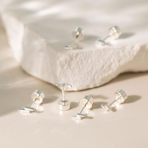 VRIUA 20G Tiny Flat Back Earrings for Women - 14K Gold/Silver Plated Small Flat Back Stud Earrings Hypoallergenic Cartilage Helix Piercing Jewelry - color: 4/5/6mm-Lightning Flat Silver