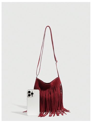 OYOANGLE Women's Fringe Bags Adjustable Strap Tassel Crossbody Bags Hippie Western Purse Cowgirl Shoulder Bag - color: Burgundy