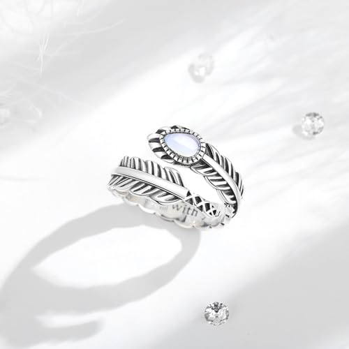 Vito 925 Sterling Silver Adjustable Open Spoon Ring for Women Men, Lotus Sunflower Snake Spoon Band Rings Feather Hug Witches Knot Inspirational Jewelry Gift for Wife - style: Feather-2