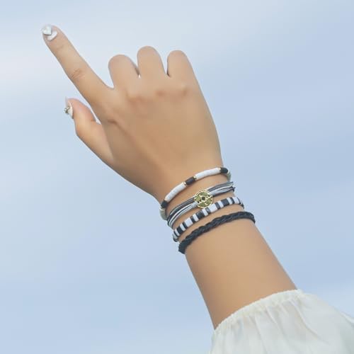 FANCY SHINY Boho Nautical Compass String Bracelets Beaded Clay Beads Bracelet Stackable Friendship Bracelets Summer Beach Outfits for Women Girls - color: Black