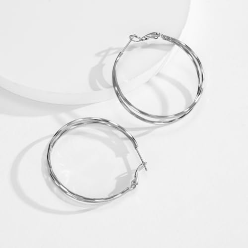 Diamond-Cut Double Hoop Earrings for Women 14k Gold Plated 925 Sterling Silver Posts Lightweight Hypoallergenic Split Hoop Earrings Trendy Jewelry Gifts for Women - color: SILVER