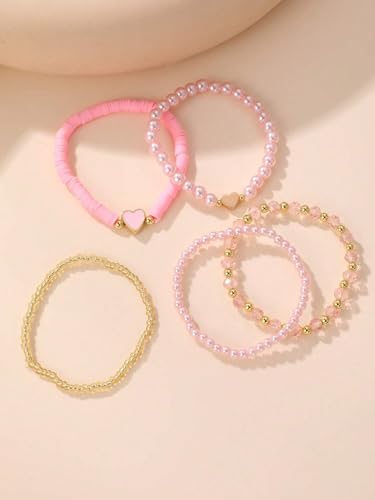 Caiyao Bohemia Multilayer Heart Imitation Pearl Beaded Stackable Bracelets Set Colorful Surfer Heishi Clay Gold Beads Stretch Bracelets for Women Men Summer Beach Boho Vacation Jewelry Gifts - color: Pink