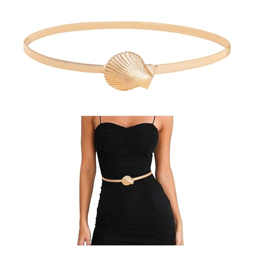 E-Clover Womens Fashion Metal Stretch Waist Skinny Belt Waistband - color: Gold Shell-01