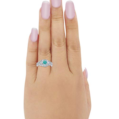Blue Apple Co. Art Deco Ring Round Cubic Zirconia Leaf Filigree Design Split Shank Twisted Band Bridal Statement Wedding Engagement Rings For Women 925 Sterling Silver Gifts For Her - color: Simulated Paraiba Tourmaline CZ