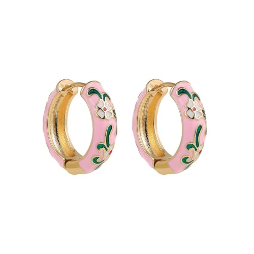 Vintage Enamel Flower Small Hoop Earrings Retro Elegant Flowers Earrings Colorful Flower Hoop Earring - color: Pink