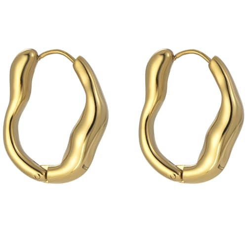 Stainless Steel Hoop Earrings for Women Gold Tone Geometric, Huggie Heart Twisted Minimalist Engraved Designs for Daily Wear - color: Gold-Irregular Round_25*20mm