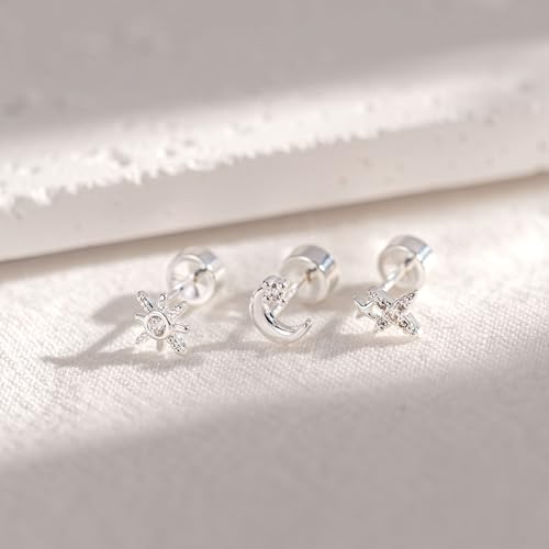 3 Pair Tiny Flat Back Earrings for Women - 14K Gold/White Gold Plated Dainty Cute Small Screw Flatback Stud Earring, Everyday Wear Gift - color: Star&Moon Flat-5/6/7mm Silver