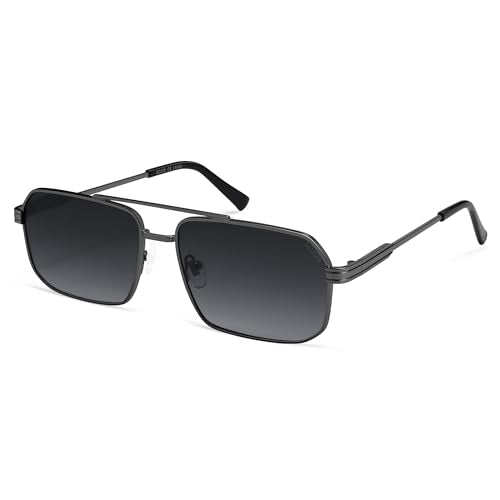 SOJOS Retro Polarized Square Sunglasses for Women Men Vintage Large Double Bridge UV Protection Metal Sun Glasses SJ1246 - color: Gun Black/Grey Grading