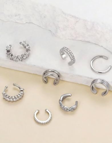 Tornito 16Pcs Ear Cuff Earrings for Women Non Piercing Ear Cuffs Cubic Zirconia Ears Clip on Earring Cartilage Helix Wrap Fake Earrings Jewelry Adjustable Gold Silver Plated - color: Silver