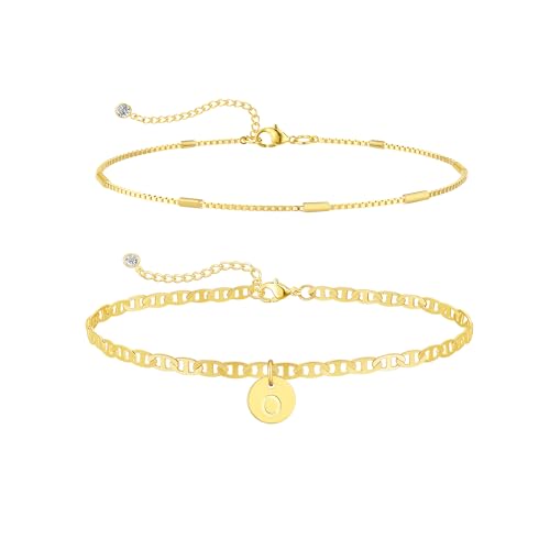 Initial Ankle Bracelets for Women 14K Gold Plated Dainty Layered Round Letter Anklets Beach Jewelry Gift - color: Gold-O