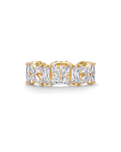 PAVOI 14K Gold Plated Marquise Eternity Rings for Women - Cubic Zirconia Chunky Stackable Wedding Ring - Statement Baguette CZ Gold Wedding Bands for Women - Promise Band Bridal Jewelry - color: Yellow Gold