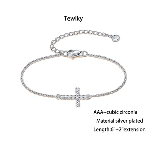 Tewiky Waterproof Gold Bracelets for Women Non Tarnish - Dainty Stack 14K Gold Plated/Sterling Silver Chain Bracelets Set Adjustable Trendy Jewelry for Women - style: silver CZ cross bracelet