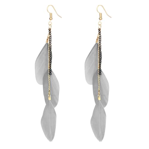 coadipress Boho Piercing Tassel Feather Long Chain Earrings Retro Lightweight Native Feather Dangle Drop Earrings for Women Bohemian Handmade Natural Feathers Earring Jewelry - color: Gray