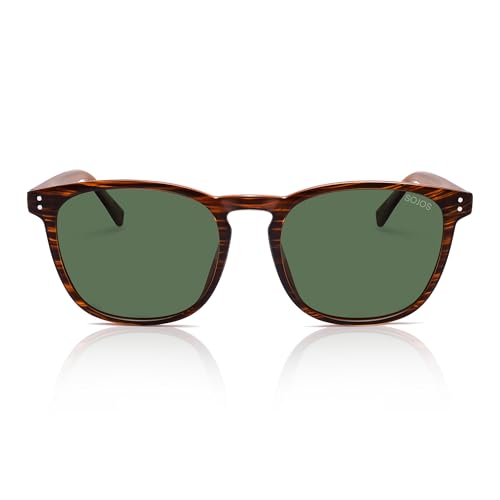 SOJOS Unisex Rounded Square Polarized Sunglasses TR90 Frame UV400 Protection Lightweight Retro for Women & Men - color: Light Brown Stripes/Green