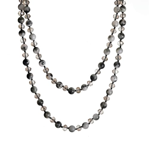 Long Beaded Necklace for Women Boho Colorful Crystal Stone Knot Statement Fashion Costume Jewelry Gifts - color: Black Grey