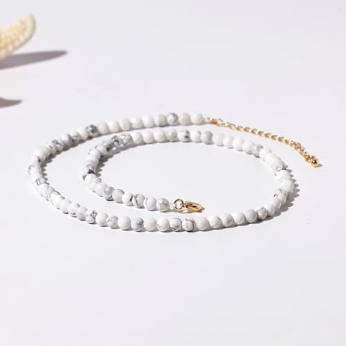 Simple Choker Necklace for Women Real Stone and Crystals Necklaces 4mm Beaded Choker Jewelry Meditation Gift for Women (16"+2") - style: Howlite
