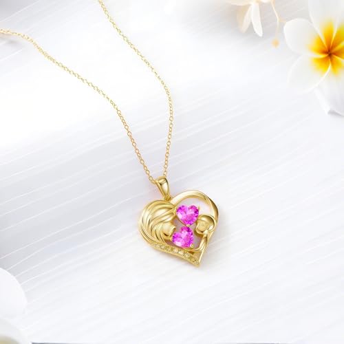 Mothers Day Gifts 14K Yellow Gold Mother Daughter Heart Pendant Necklace with 12 Months Birthstone Birthday Gifts for Mom Anniversarry Jewelry for Mom Wife Girlfriend - color: 10-10-Oct-Oct Birthstone