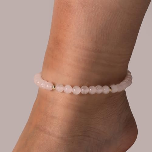 Softones 6mm Natural Stone Anklet for Women Gemstone Ankle Bracelets for Women Healing Energy Crystal Anklets Adjustable(8.5-10 Inches) - color: Rose Quartz