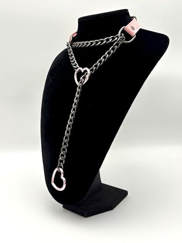 Black Leather Choker Collar For Women, Handmade Heart Slip Chain Choker Long Necklace with Adjustable Buckle - color: B-Pink-Black-Pink, size: 18''chain