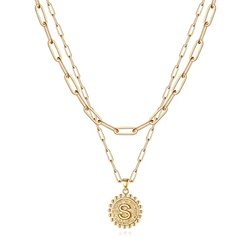 Yoosteel Layered Initial Necklaces for Women Trendy - 14K Gold-Plated Dainty Layering Paperclip Chain Coin Initial Necklace Jewelry Gifts for Women Mom Wife Teen Girls - color: Gold, style: S.