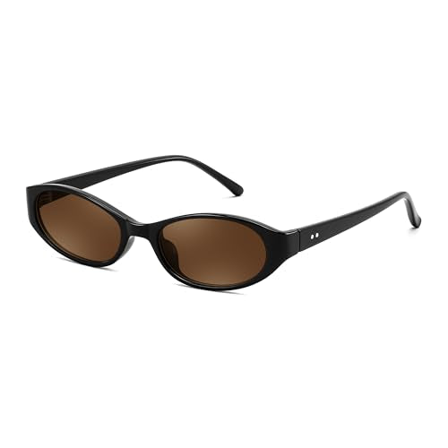 FEISEDY Retro Oval Womens Sunglasses, Trendy Cat Eye Skinny Chic Narrow Y2K 90s Small Sunnies B9177 - color: Black Frame - Brown