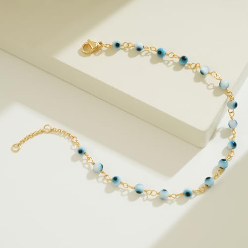 BENEIGE Women Bracelet 14K Gold Plated Paperclip Satellite Bead Ball Oval Cuba Cable Box Chain Daily Charm Layered Link Silver Bracelets Adjustable Jewelry - style: Eye Blue