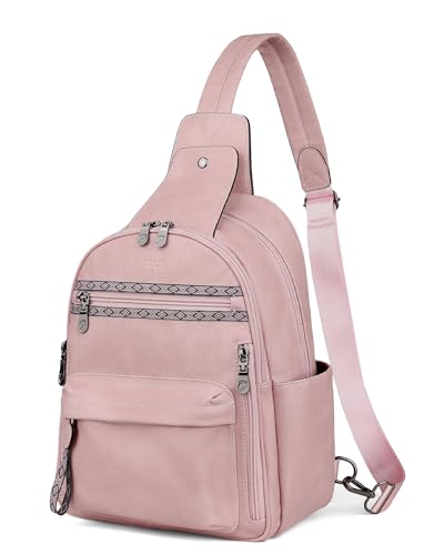 FADEON Large Sling Bag for Women, Leather Crossbody Purse Designer Anti Theft Sling Backpack, RFID Fanny Packs for Travel - color: Pink Retro Style