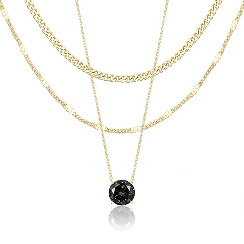 WomenGifts Layered Gold Necklaces for Women, 14K Gold Sterling Silver Plated Dainty Pendant Necklace Set Non Tarnish, Chunky Stackable Cuban Chain Choker, Trendy Birthstone Vacation Jewelry Gift - color: Gold, style: Cubic Zirconia-Created Black Diamond