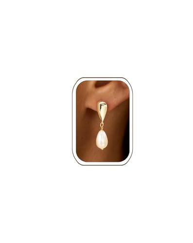 LLWOM Gold Silver CZ Teardrop Dangling, Pearl Drop Studs Dangle Earrings for Women Trendy, Hypoallergenic Jewelry Gift for Wedding/Party/Prom/Daily - color: Gold Pearl Teardrop