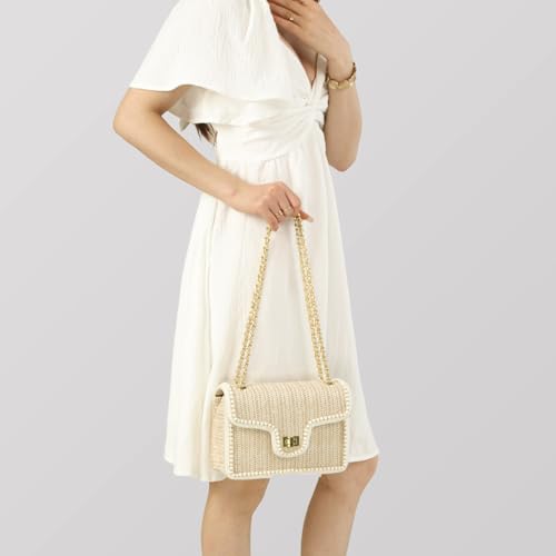 Straw Crossbody Bags for Women,Summer Beach Purse Vacation Shoulder Handbags with Pearl Trim - color: Beige