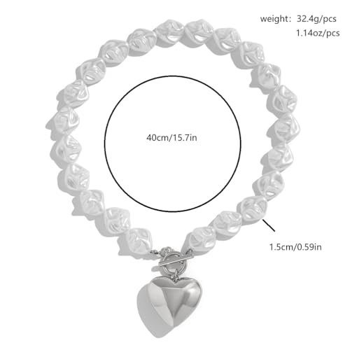 Statement Chunky Gold Heart Pendant Necklace for Women Trendy Boho Baroque Pearl Chain Choker Big Silver Love OT Buckle Necklaces Party Prom Jewelry Gift - color: Silver