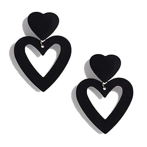 Double Heart Earrings Dangling Heart Drop Earrings For Women Love Heart Dangle Earrings Birthday Gift - color: Black