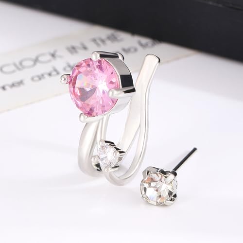 Cubic Zirconia Ear Cuff Non-Piercing CZ Clip on Earrings Round Crystal Stud Earrings Silver Cartilage Hypoallergenic Earrings Set Party Prom Jewelry for Women - color: Pink