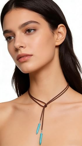 ONLYJUMP Boho Turquoise Leather Choker Necklace for Women Bohemian Handmade Leaf Layered Black Brown Suede Western Cowlady Necklace Western Country Party Jewelry Gifts - style: Brown