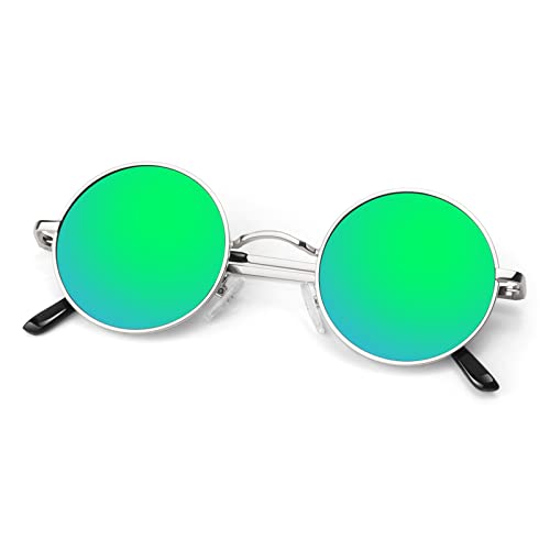 Round Polarized Sunglasses Men Women,Retro Metal Hippie Shades with 100% UV Protection - color: A10- Silvery Frame Green Lens